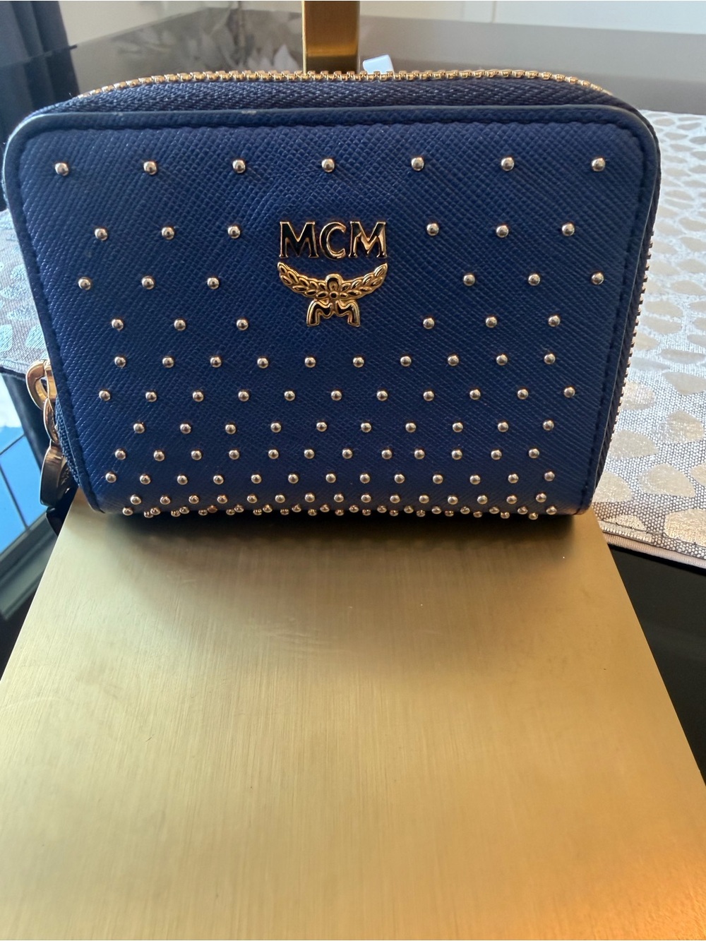 MCM Royal Blue Leather Zip Card Compact Studded Wallet with Logo